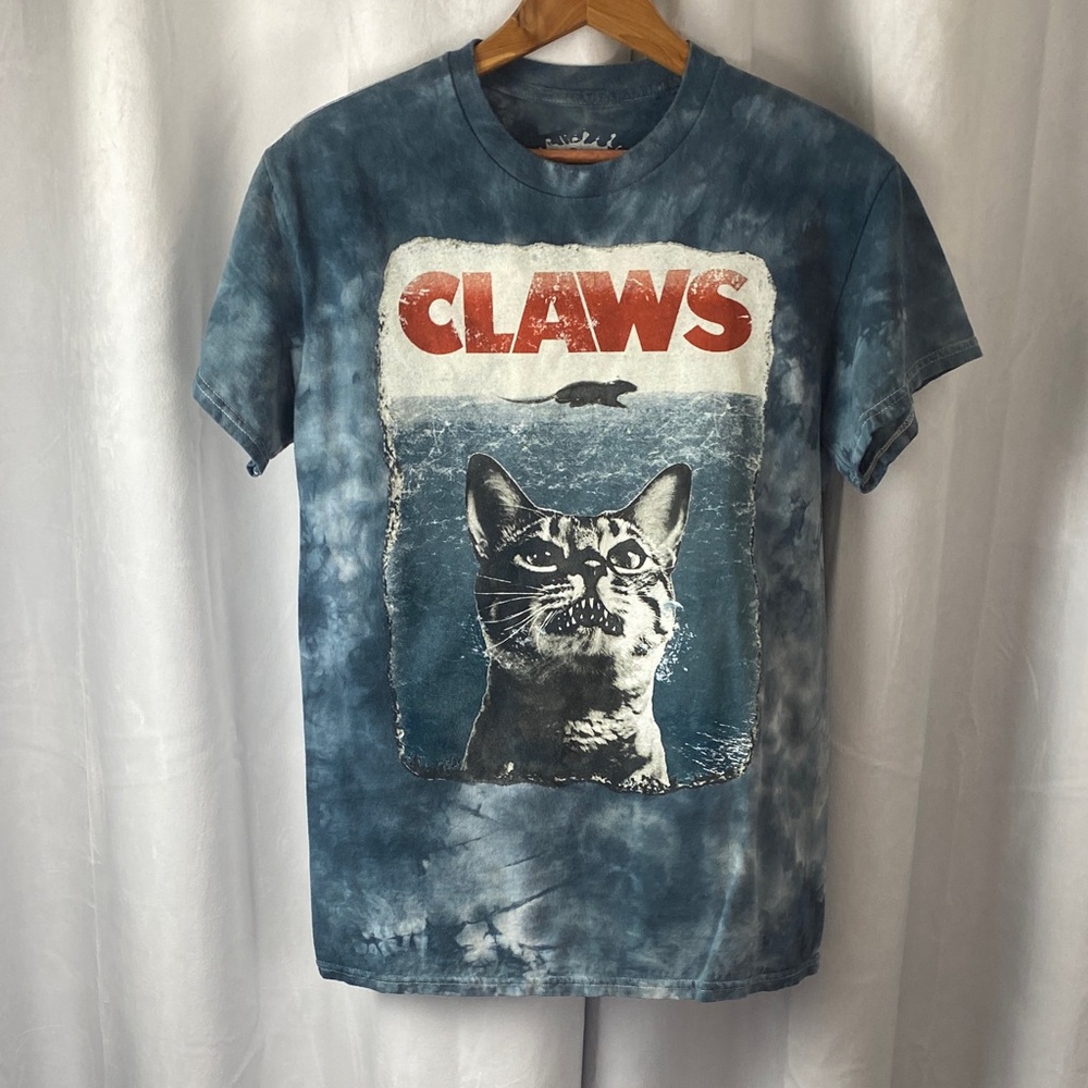 Cat Graphic Tee - Blue Tie-Dye Short Sleeve Shirt